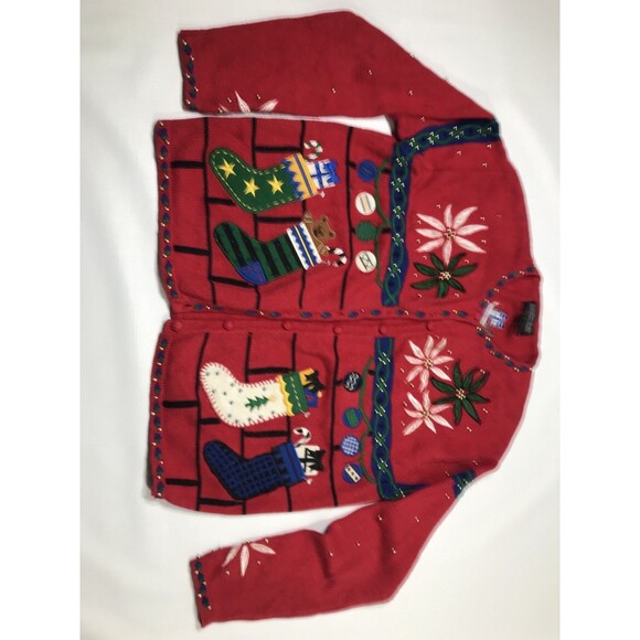 Hampshire Studio Vintage Red Embroidered Christmas Sweater Cardigan Size L - Picture 2 of 11
